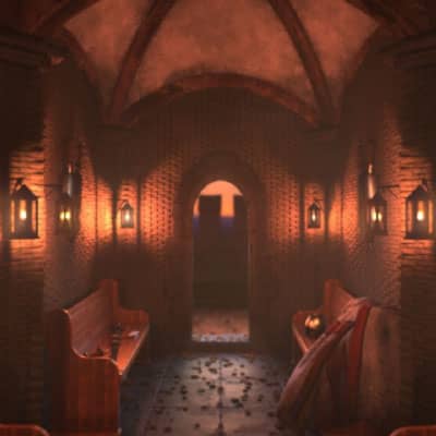 A CG image of a hallway in a medieval castle